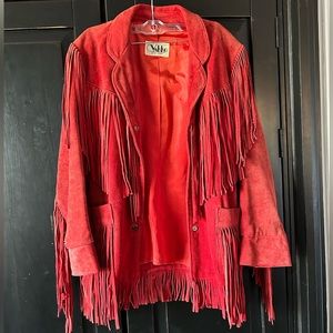 Vintage 70s South Western Boho Hippie Vakko Red Fringe Coat/Jacket XS-S, 0-2